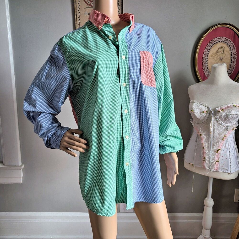 Vintage Y2K Chaps Men's Button Down Shirt Striped Color Block Funky Top Size L